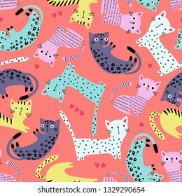 Seamless pattern with funny cats and hearts in a cartoon style on a red background. Vector illustration for kids.