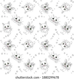 seamless pattern of funny cats with hearts and green eyes, for Valentine's Day February 14, background for postcards and packaging