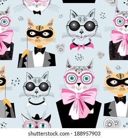 seamless pattern of funny cats hipsters on a light background