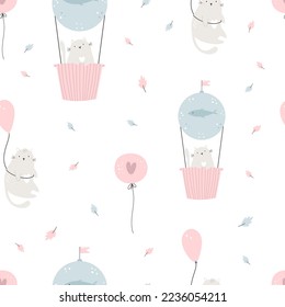 Patrón sin foco con gatos graciosos en globos de aire caliente. Diseño compacto para impresiones de tela, papel de envoltura, ropa