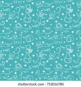 Seamless pattern with funny cats, inscriptions and stars on a blue background. Vector image in the style of children's drawing.