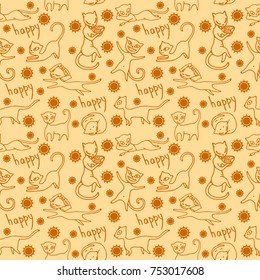 Seamless pattern with funny cats and inscriptions a yellow background. Vector image in the style of children's drawing.