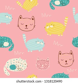 Seamless pattern with funny cats. Kids print with animals. Vector hand drawn illustration.