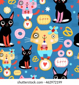 Seamless pattern with funny cats in love on a blue background