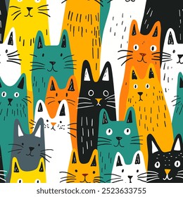 Seamless pattern with funny cats in minimalistic flat style. Ideal for fabric, textile, wrapping, packaging, and wallpaper design. Perfect for cat lovers, gifts, and creative goods.