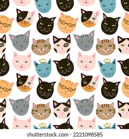 Seamless pattern with funny cats muzzles set. Hand drawn cute kittens head clip art. Kitty breeds collection background. Vector artistic cartoon simple pets.