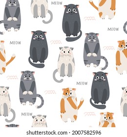 Seamless pattern with funny cats on a white background. Cute characters with different emotions. Creative childish texture. Great for fabric, textile, design. Vector Illustration