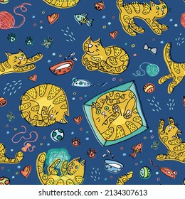 Seamless pattern of funny cats on blue background playing or sleeping. Hand drawn design perfect for kids textiles, decoration, wallpaper. Wrapping paper for gifts, ideal for cat lovers. 