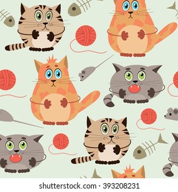 Seamless pattern with funny cats on a light green background. Vector illustration.