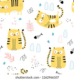 Seamless pattern with funny cats, plants and abstract elements in cartoon style. Vector illustration for kids.