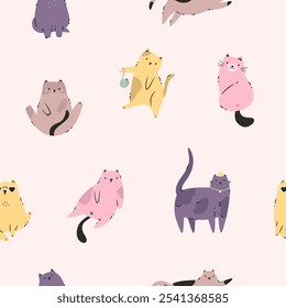 Seamless Pattern with Funny Cats. Playful and Quirky Feline Characters for Art and Design.