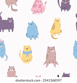 Seamless Pattern with Funny Cats. Playful and Quirky Feline Characters for Art and Design.