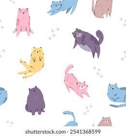 Seamless Pattern with Funny Cats. Playful and Quirky Feline Characters for Art and Design.