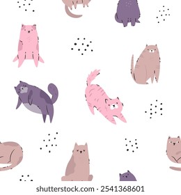 Padrão perfeito com gatos engraçados. Personagens lúdicos e excêntricos para arte e design.