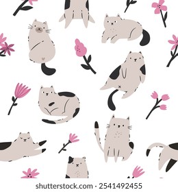 Seamless Pattern with Funny Cats. Playful and Quirky Feline Characters for Art and Design