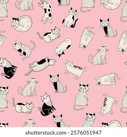 Seamless Pattern with Funny Cats. Playful and Quirky Feline Characters for Art and Design