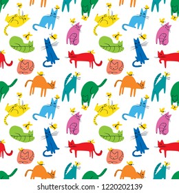 Seamless pattern with funny cats playing with butterflies. Background with domestic pets in incomlete cute childrens style. Vector illustration for surface designs, wallpapers, textile and fabrics