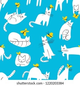 Seamless pattern with funny cats playing with butterflies. Background with domestic pets in incomlete cute childrens style. Vector illustration for surface designs, wallpapers, textile and fabrics