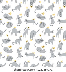 Seamless pattern with funny cats playing with butterflies. Background with domestic pets in incomlete cute childrens style. Vector illustration for surface designs, wallpapers, textile and fabrics