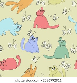 Seamless pattern with funny cats playing. Perfect for kids. Lovecat illustrations in cartoon style