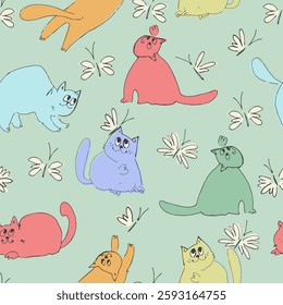 Seamless pattern with funny cats playing. Perfect for kids. Lovecat illustrations in cartoon style