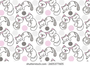 Seamless pattern of funny cats in funny poses. Seamless animal background, cute vector texture for bedding, fabric, wallpaper, wrapping paper, textile, t-shirt printing