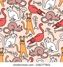 Seamless pattern with funny cats. Print for textile, wallpaper, covers, surface. Retro stylization. For fashion fabric.