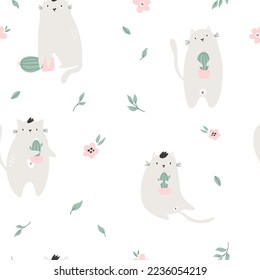 Seamless pattern with funny cats and succulents, cactus in pots. Cute design for fabric prints, wrapping paper, clothing