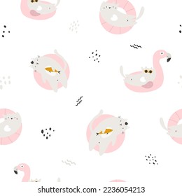 Seamless pattern with funny cats swimming in floating rings. pink flamingo. Cute design for fabric prints, wrapping paper, clothing