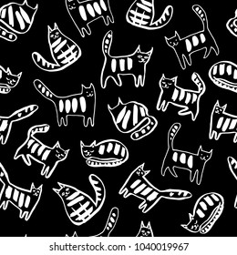 Seamless pattern with funny cats. Vector hand drawn illustration.