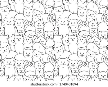 Seamless pattern of funny cats / Vector illustration for coloring book, rectangle background, graphic style