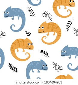 Seamless pattern with funny chameleon lizard character in cartoon style