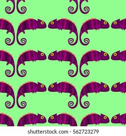 Seamless pattern with funny chameleons on green background