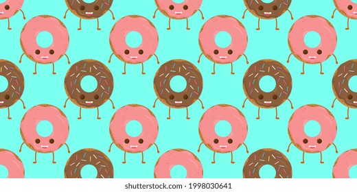 Seamless pattern with funny character donut with frosting, vector illustration in cartoon style. Cute smiley fresh donut character with eyes and legs