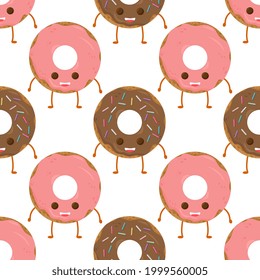 Seamless pattern with funny character donut with frosting, vector illustration in cartoon style. 