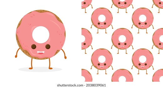 Seamless pattern with funny character donut with frosting, vector illustration in cartoon style. Cute smiley fresh donut character with eyes and legs. 