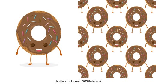 Seamless pattern with funny character donut with frosting, vector illustration in cartoon style. Cute smiley fresh donut character with eyes and legs. 
