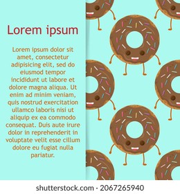 Seamless pattern with funny character donut with frosting, vector illustration in cartoon style. Cute smiley fresh donut character with eyes and legs. 