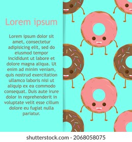 Seamless pattern with funny character donut with frosting, vector illustration in cartoon style. Cute smiley fresh donut character with eyes and legs. 