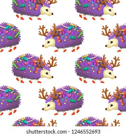 Seamless pattern with funny character - hedgehog pretends to be a Christmas deer, bears gifts and sweets, Christmas socks of Santa on paws. Joyful winter illustration. Isolated on white background.
