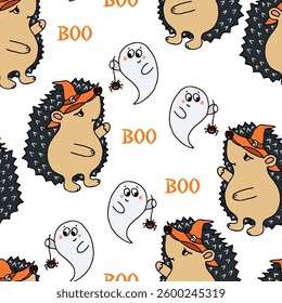 Seamless pattern funny characters hedgehog in a hat and ghost with spider on white background - vector Halloween background for fabric design, packaging, wallpaper