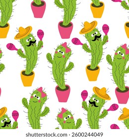 Seamless pattern funny characters in love cartoon cacti in pots on white background - vector background for fabric design, packaging, wallpaper