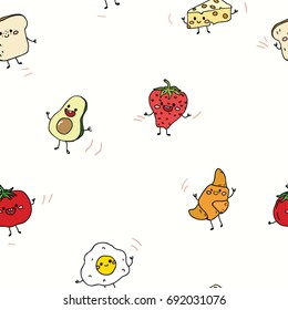 Seamless pattern with funny characters in vector/ breakfast food background