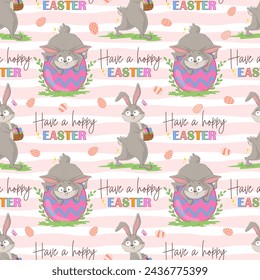 Seamless pattern with funny cheerful bunnies with huge Easter eggs. Spring character wrapping paper ready repeat template.  