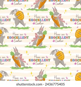 Seamless pattern with funny cheerful bunnies with huge Easter eggs and carrot, have an eggcelent  easter pun inscription. Spring character wrapping paper ready repeat template isolated on pastel