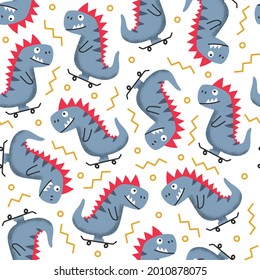 Seamless pattern with funny cheerful cartoon t-rex riding skateboard on white background