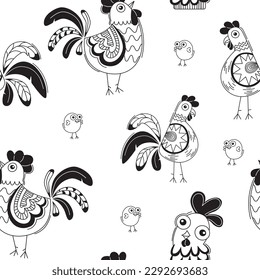 Seamless pattern with funny chicken cartoon style. Vector on white