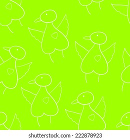 Seamless pattern with funny childlike cartoon bird on bright green background. For holiday decoration, wrapping paper, wallpaper, gift boxes, other packing elements