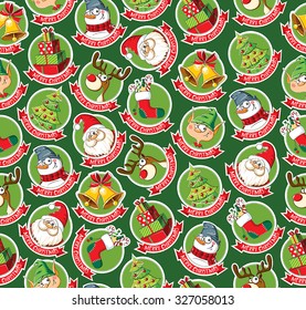 Seamless pattern with funny Christmas cartoon stickers