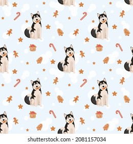 Seamless pattern with funny Christmas huskies. Cartoon design.
